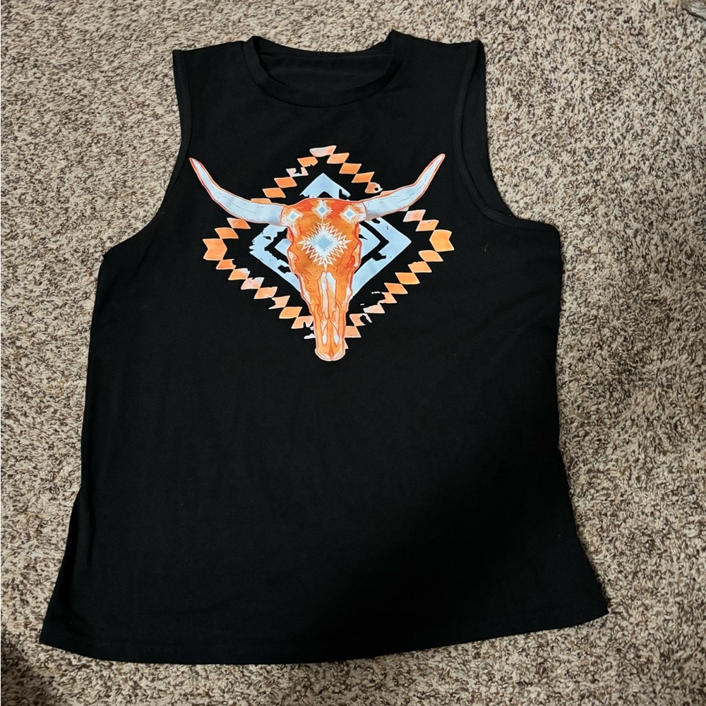 Black Sleeveless Top with Bull Skull Design